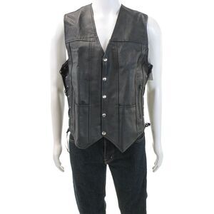 Alpha Cycle Gear Mens Textured Sleeveless Criss Cross Laces Button Vest Black Si
